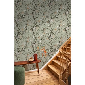 Papier peint vert fleurs de cerisier japonais 2