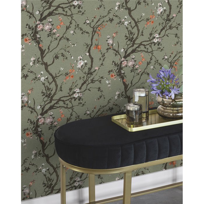 Papel pintado flores de cerezo japonés verde · Rasch In Bloom 413243