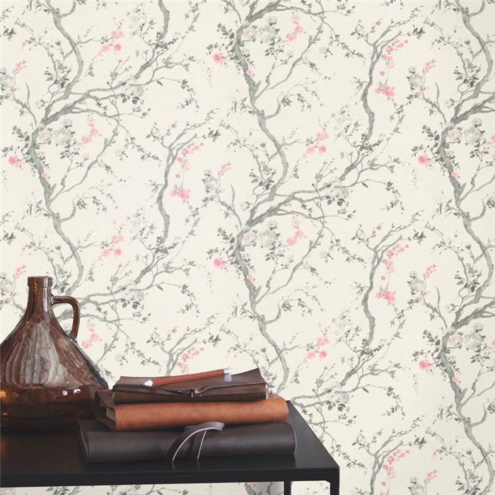 Papel pintado flores de cerezo japonés blanco ramas acuarela · Rasch In Bloom 413250