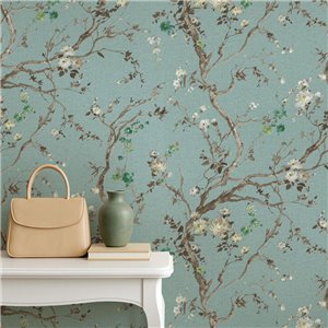 Papel pintado flores de cerezo japonés turquesa ramas... 2
