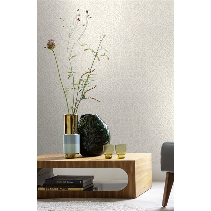 Papel pintado ornamental arabesco blanco damasco · Rasch In Bloom 412055