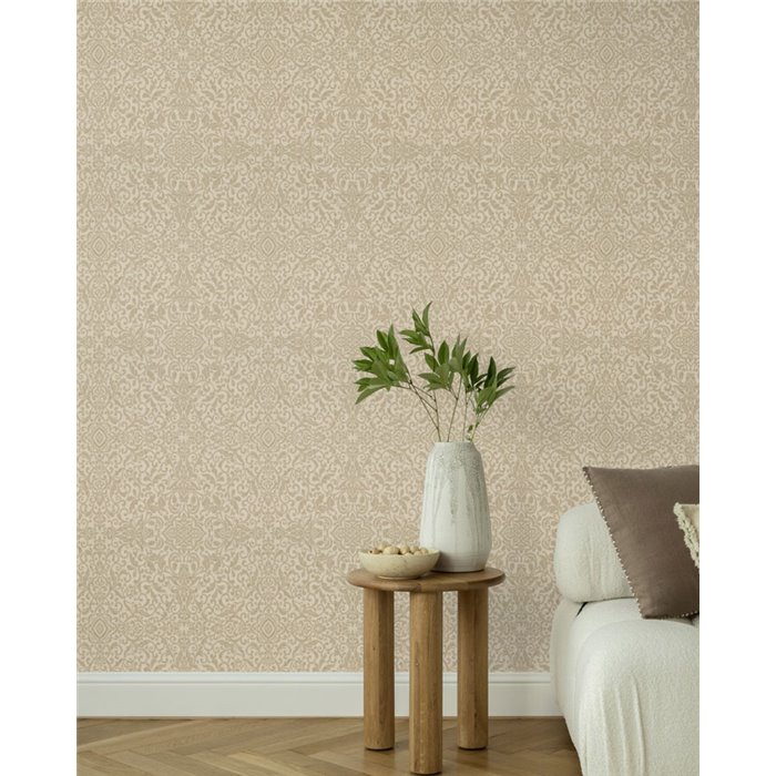 Papel pintado ornamental arabesco dorado y beige damasco clásico · Rasch In Bloom 412086
