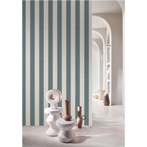 Papier peint rayures aspect lin bleu et beige 2