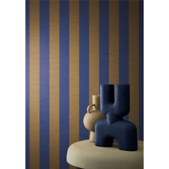 Papel pintado de rayas efecto lino azul y bronce · Casamance Rayures 78060814