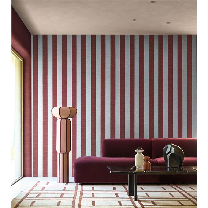 Streifentapete in Leinenoptik in Bordeaux und Hellblau · Casamance Rayures 78060916