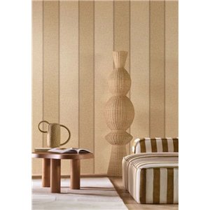 Linen-look wallpaper with wide camel and beige stripes 2