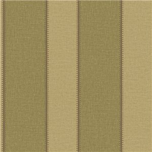 Papel pintado con rayas anchas caqui y beige, aspecto lino y pespunte