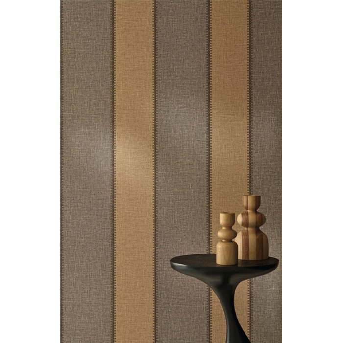 Papel pintado a rayas con aspecto de lino, franjas tabaco y beige con pespunte · Casamance Rayures 78092956
