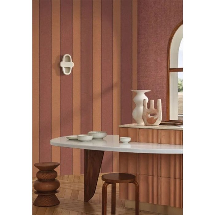 Streifen mit Leinenoptik und Zierstich in Altrosa und Siena · Casamance Rayures 78093058
