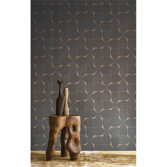 Geometric overlapping petal wallpaper in anthracite and matte gold relief · Casamance Striato 78130610