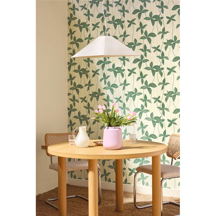 Green wallpaper with flowers and stripes · Caselio Solstice 107902799