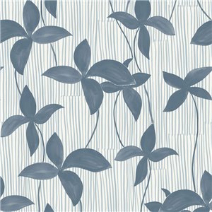 Papier peint bleu fleurs sur rayures