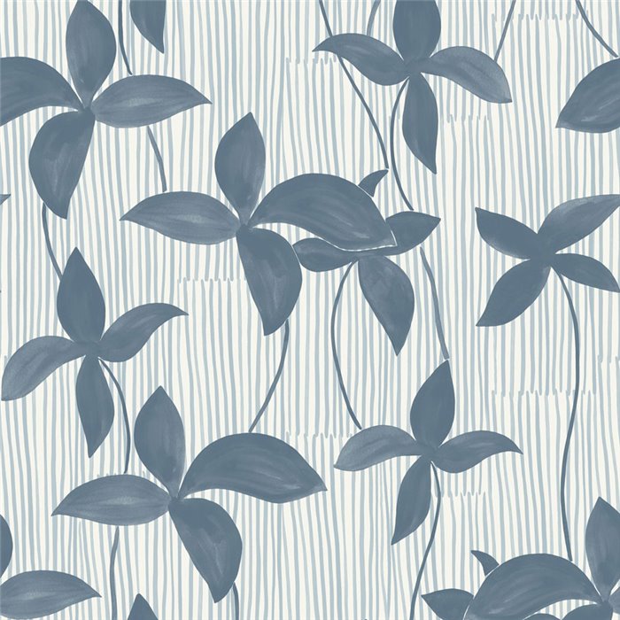 Papier peint bleu fleurs sur rayures · Caselio Solstice 107906663