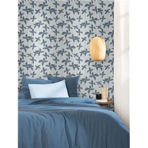 Papel pintado azul con flores sobre rayas 2