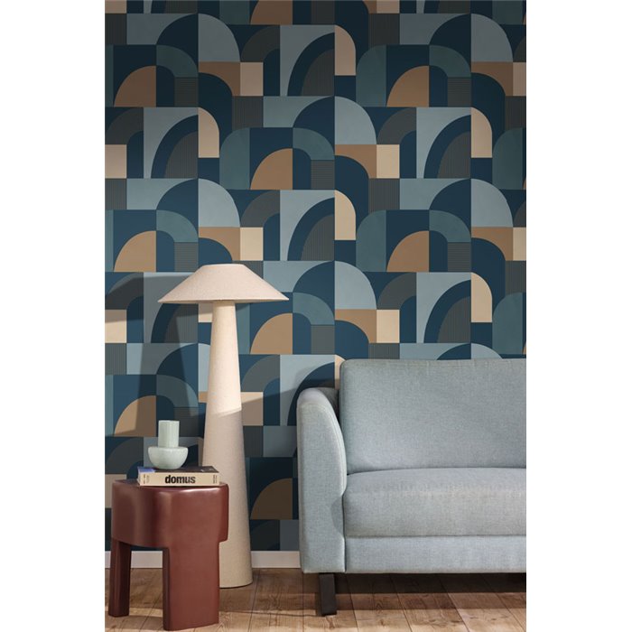 Blaue Art-déco-Tapete mit geometrischen Bögen · Caselio Forma 107846100