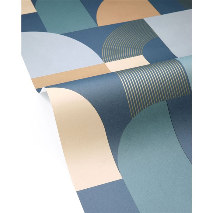 Papel pintado azul geométrico con arcos Art Déco · Caselio Forma 107846100
