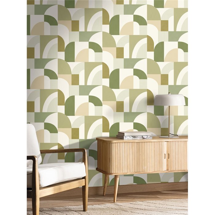 Papier peint géométrique vert esprit rétro · Caselio Forma 107847070