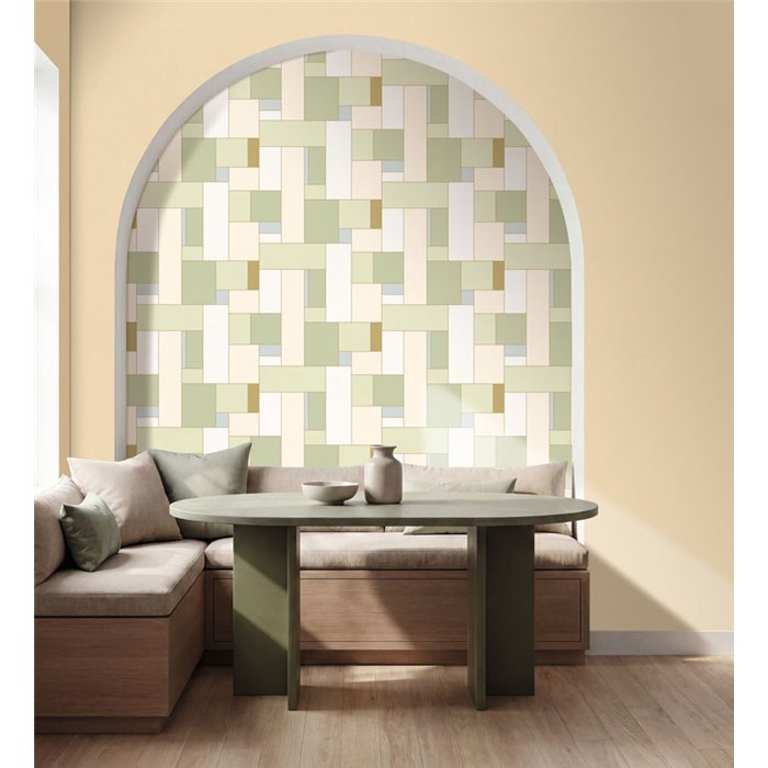 Papel pintado verde de mosaico geométrico lineal · Caselio Forma 107857005