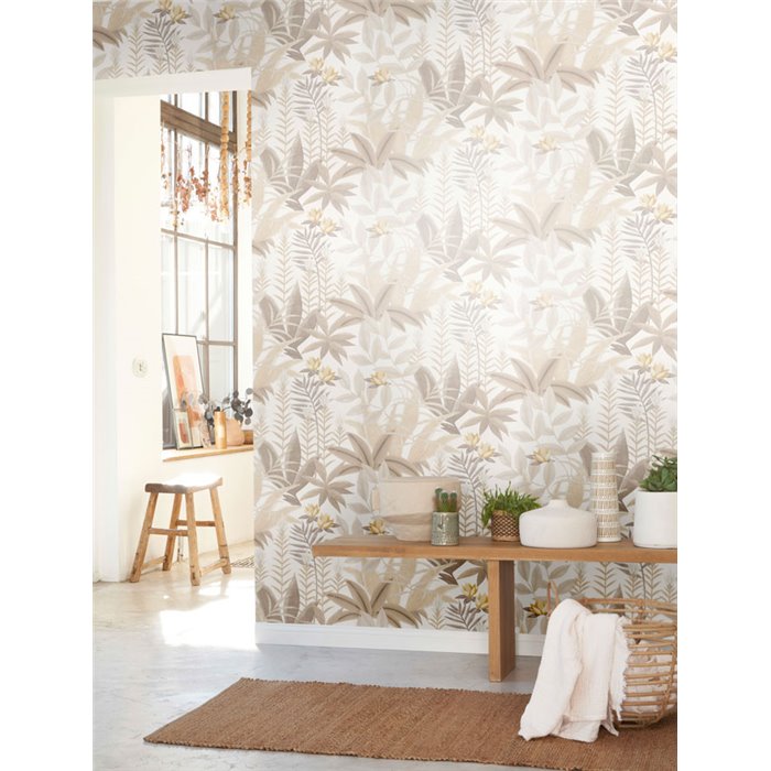 Papel pintado tropical en tonos naturales · Casadeco Canopée 202631313