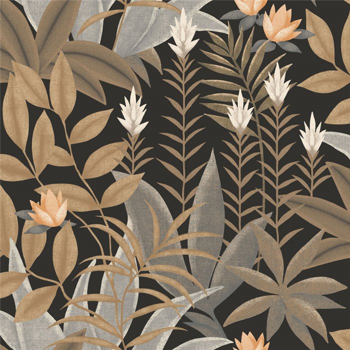 Tropical floral wallpaper on a black ground · Casadeco Canopée 202639559