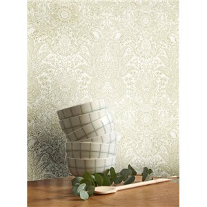 Papel pintado damasco floral verde 2