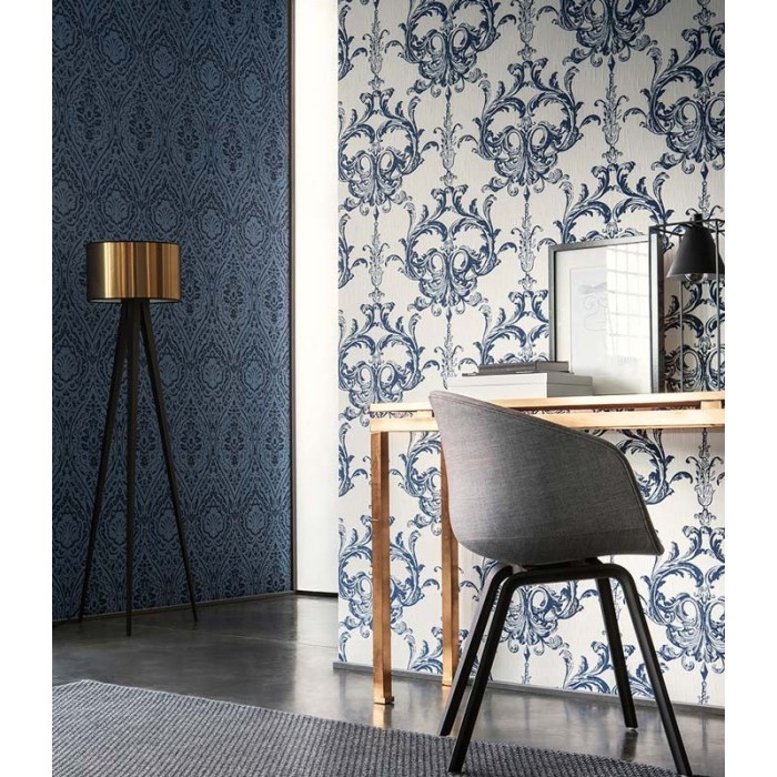 Architects Paper|Papel pintado motivos damasco azul efecto textil|Imitacion Tela