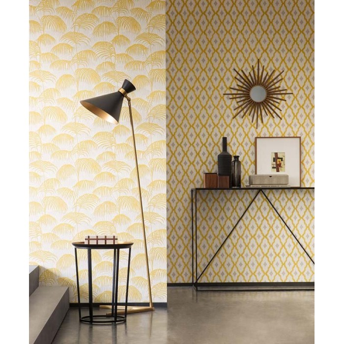 Architects Paper|Papier peint palmiers jaunes sur fond blanc|Tropical