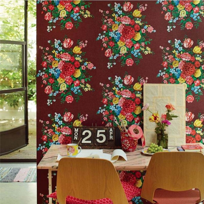 Pip Studio|Papier peint fleurs des champs sur fond bordeaux|Papier Peint