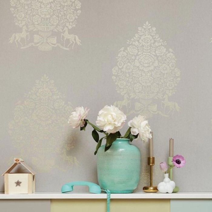 Pip Studio|Papel pintado damasco beige con motivos ornamentales dorados|Damasco