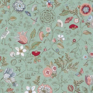 Pip Studio|Papier peint romantique avec fleurs et animaux sur fond marron|Papier Peint