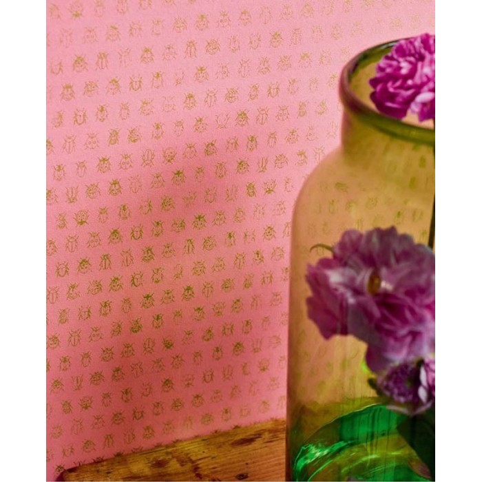 Pip Studio|Papel pintado contemporáneo rosa y dorado, insectos metalizados|Papel Pintado