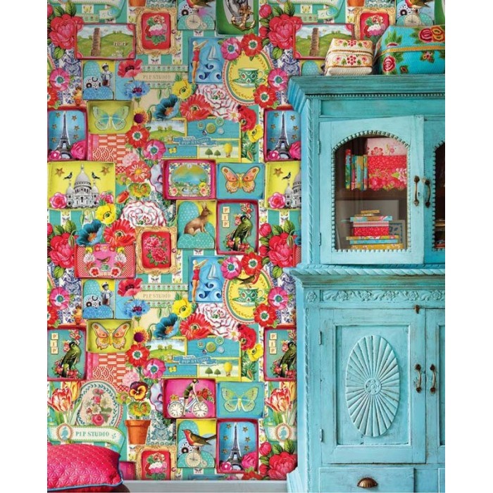 Pip Studio|Mural pared vintage con imágenes tipo collage|Murales de Pared