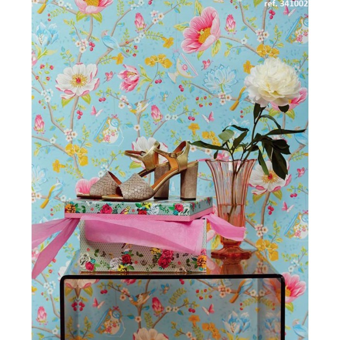 Pip Studio|Romantic wallpaper with flowers and birds in pink|Wallpaper
