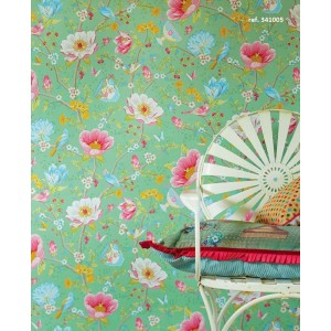 Papeldecor|Papier peint floral de style oriental avec des cerisiers japonais verts clairs|Papier Peint 2