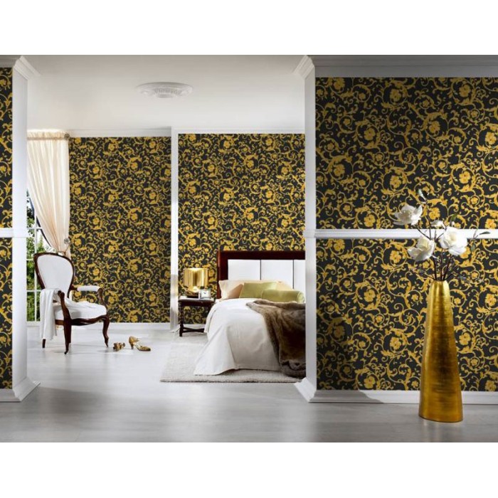 Versace|Barock Tapete schwarz und gold metallisch|Damast