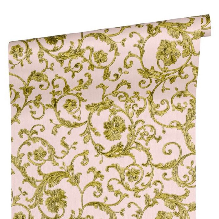 Versace|Ornamentale florale Tapete rosa mit goldenen Stickereien|Tapeten