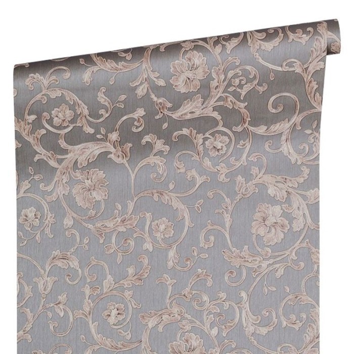 Versace|Ornamental damask wallpaper in grey and silver|Damask