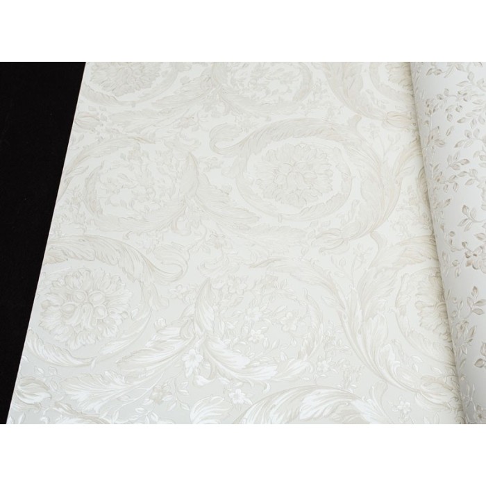 Versace|Papier peint baroque blanc avec fleurs en relief|Papier Peint