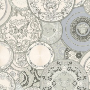 Versace|Papier peint Versace avec assiettes blanches et argentées|Papier Peint