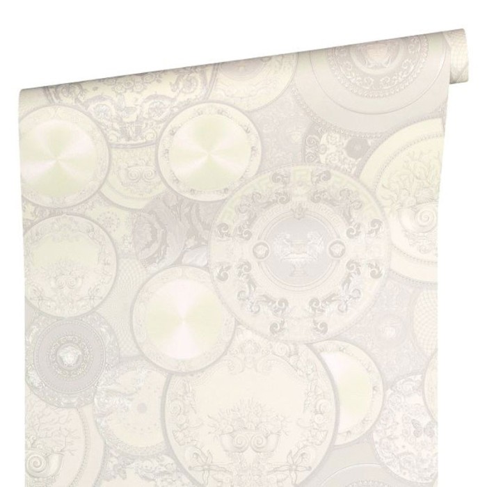 Versace|Papier peint Versace avec assiettes blanches et argentées|Papier Peint