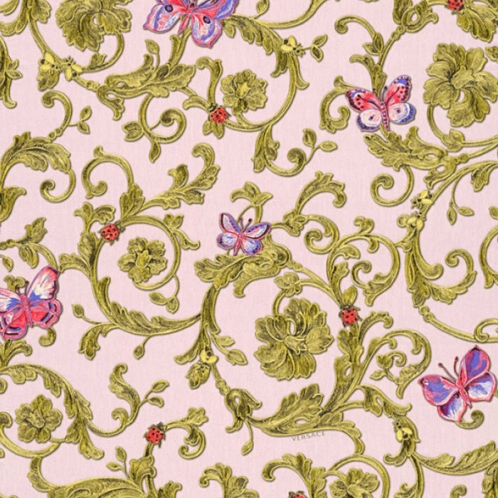 Versace|Papel pintado neoclásico ornamental floral con mariposas|Romántico