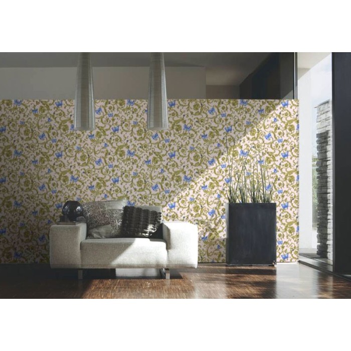 Versace|Elegant ornamental wallpaper with flowers and butterflies|Wallpaper