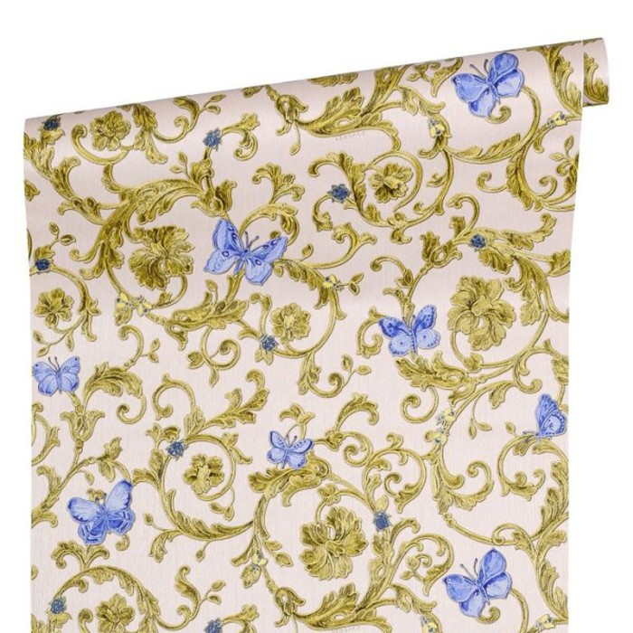 Versace|Elegant ornamental wallpaper with flowers and butterflies|Wallpaper