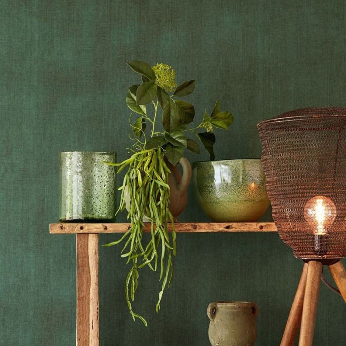 Papeldecor|Textile wallpaper with worn-look green linen texture|Wallpaper