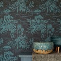 Papeldecor|Papier peint textile fleurs exotiques noir et turquoise, imitation lin|Papier Peint