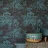 Papeldecor|Papier peint textile fleurs exotiques noir et turquoise, imitation lin|Papier Peint