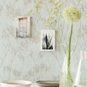 Papeldecor|Textile wallpaper in pastel green with floral accents|Wallpaper