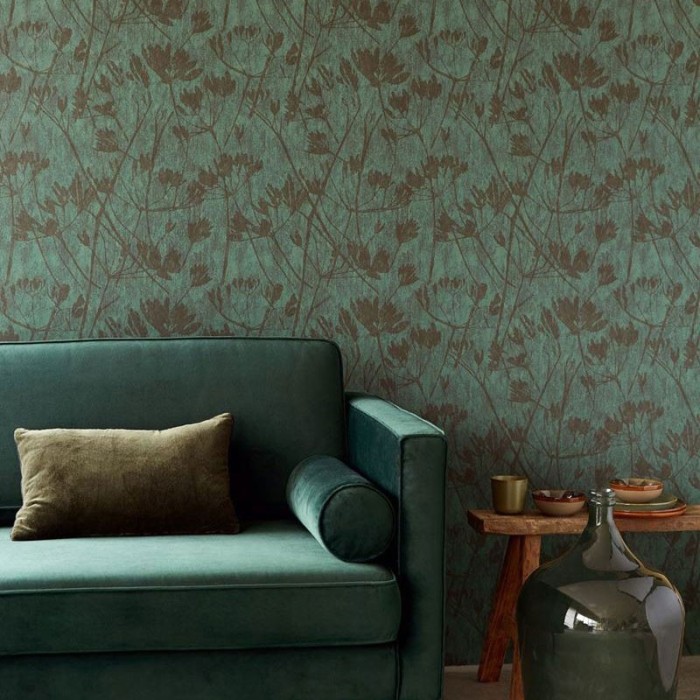Papeldecor|Papier peint textile fleuri motifs botaniques vert émeraude|Papier Peint
