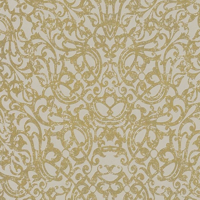 Papeldecor|Papel pintado damasco dorado con adornos clásicos en relieve|Papel Pintado