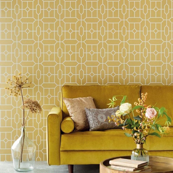 Papel pintado geométrico amarillo, ideal para el salón -  218-18680